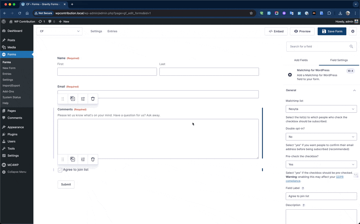 MC4WP field label updating live in the Gravity Forms form editor MC4WP field label updating live in the Gravity Forms form editor