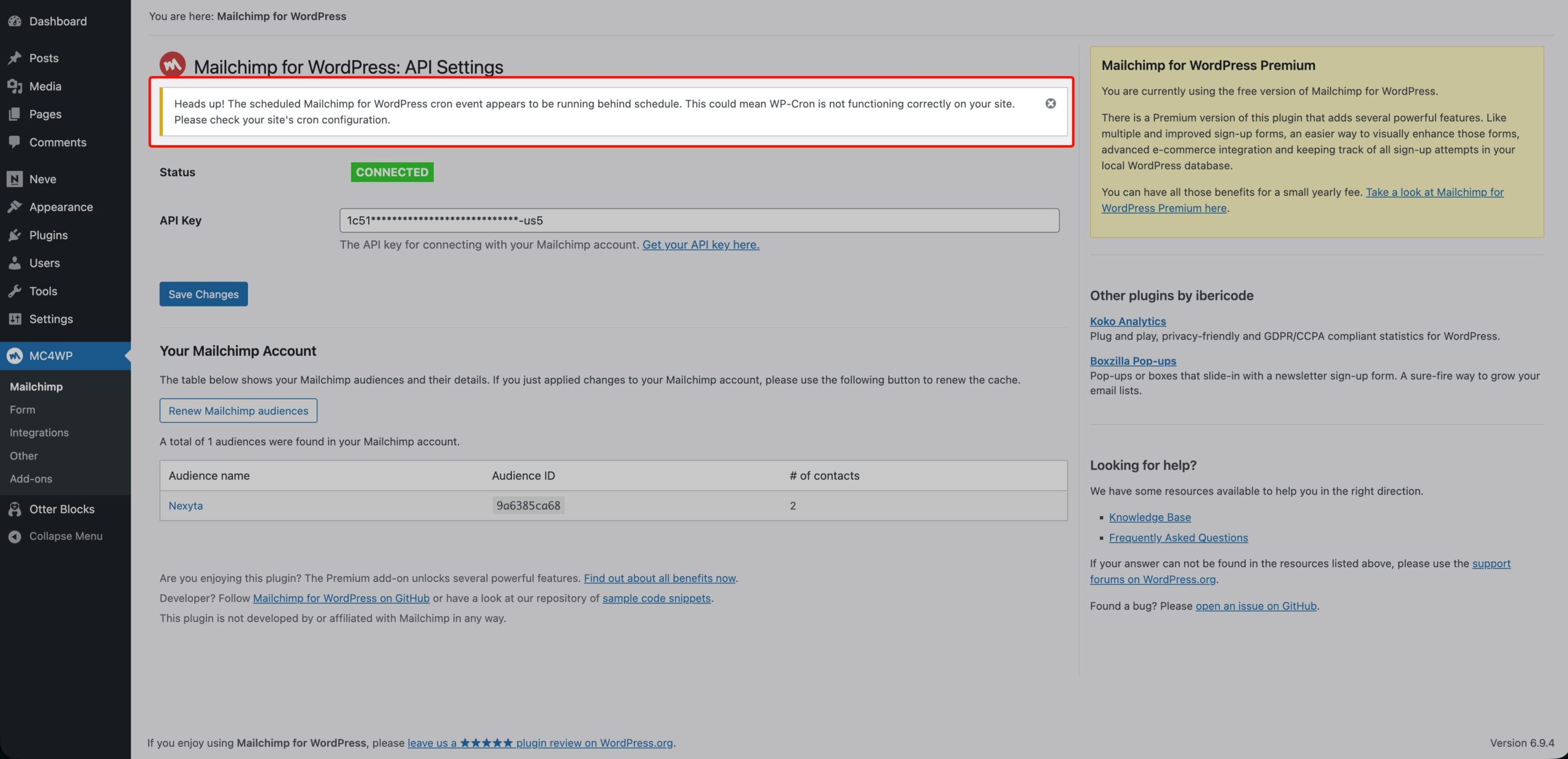 WP-Cron warning notice displayed in WordPress admin for Mailchimp plugin development WP-Cron warning notice displayed in WordPress admin for Mailchimp plugin development
