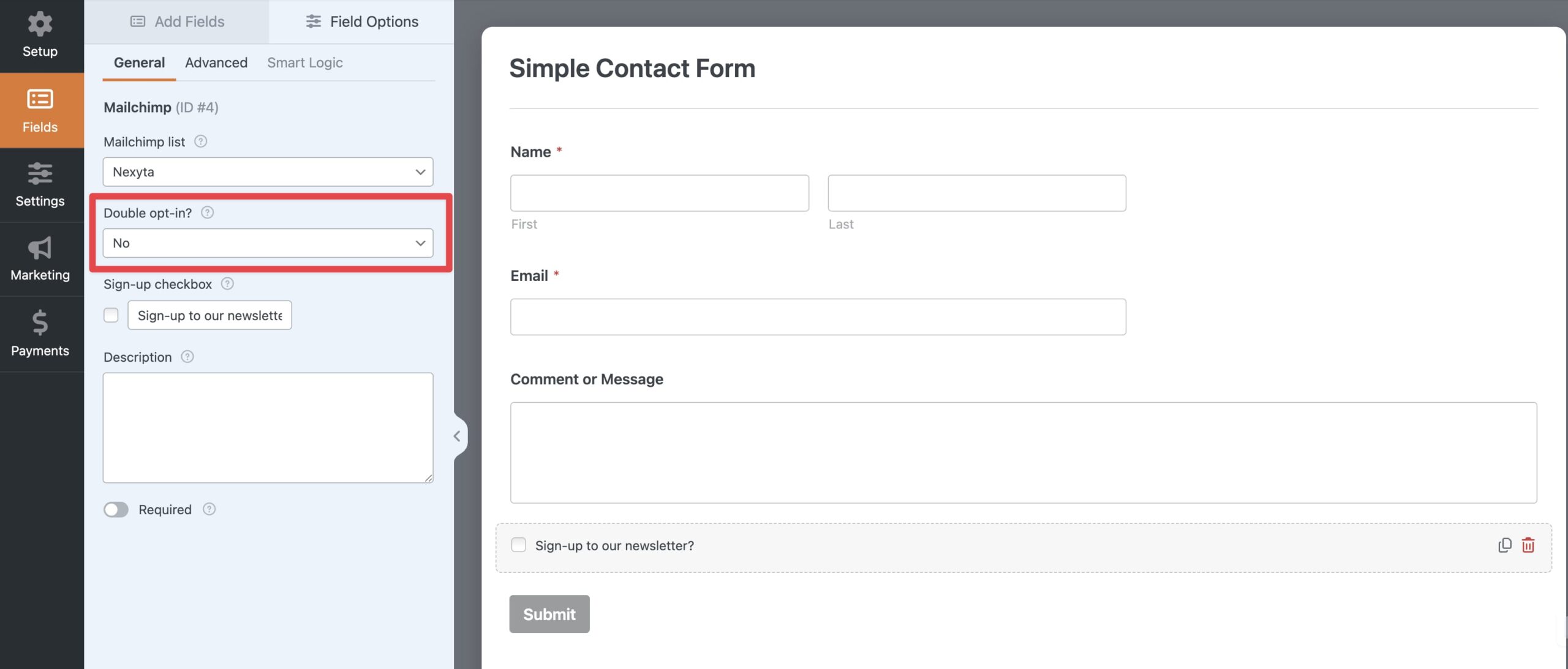 WPForms field builder showing the new Double opt-in setting dropdown